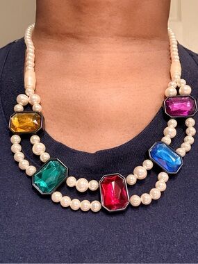 Multi-Gem Pearl Statement Necklace - Colorful